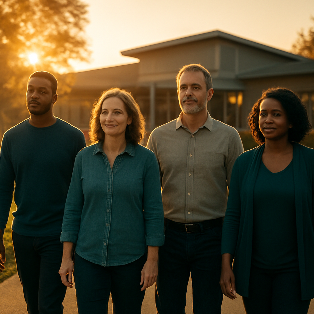A group of people walking together toward a community building at golden hour